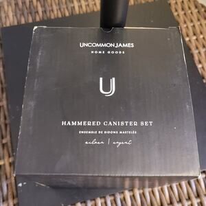 NIB UNCOMMON JAMES Silver Metal Hammered Cannister Set 2 Kitchen Gift Wood Lid